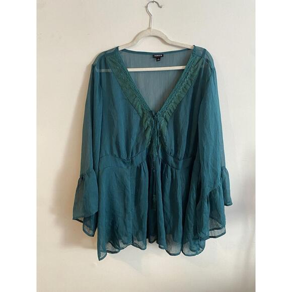 Torrid Semi-Sheer Babydoll Chiffon Blouse Bell Sleeve Crochet Lace-Up Green SZ/4 - Picture 1 of 4